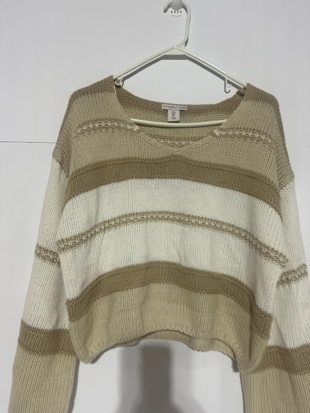 Sincerely Jules Cozy Striped V-Neck Sweater in Cream and Tan